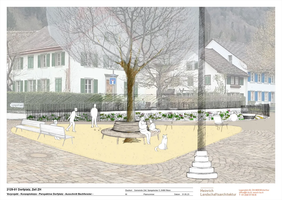 Man sieht eine Visualisierung eines Dorfplatzes mit einer Dorflinde, Bänken und einer Laterne.